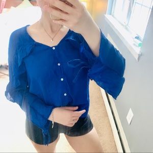 Zara Blue ruffle tie sleeves button down t…